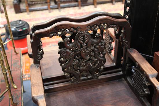 A pair of late 19th century Chinese hongmu armchairs, W.2ft 2in. D. 1ft 7in. H. 3ft 2in.